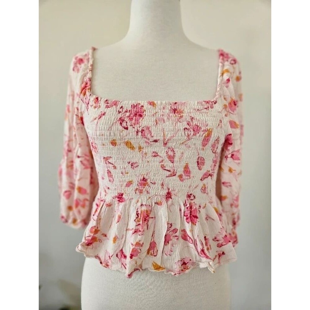 Pink Floral Smocked Peplum Top Cottagecore Coquette Milkmaid Size Small